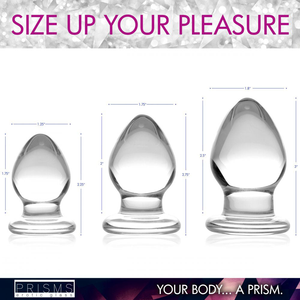 Size chart comparing the small, medium, and large clear teardrop plug measurements.