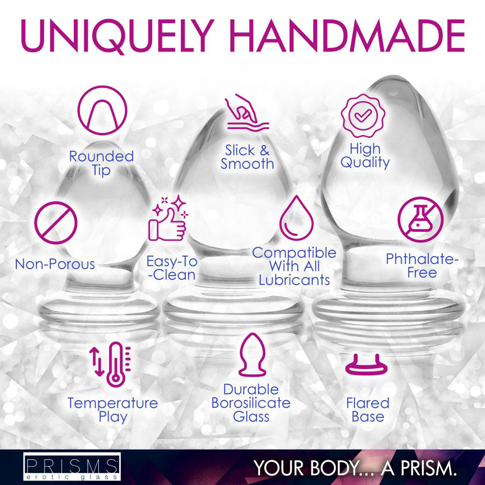 Teardrop Glass Butt Plug Training Set infographic highlighting rounded tips, slick surfaces, flared bases, and temperature play.