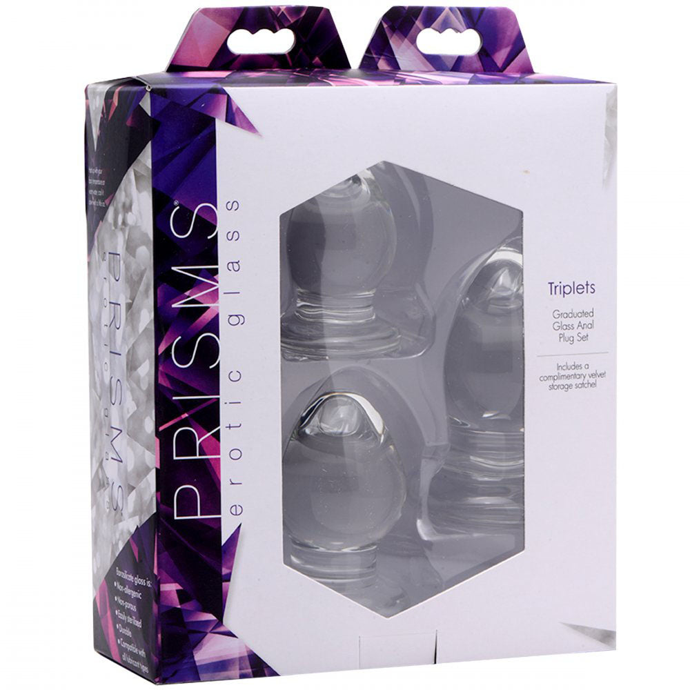 Retail box displaying the three clear teardrop plugs through a front window.