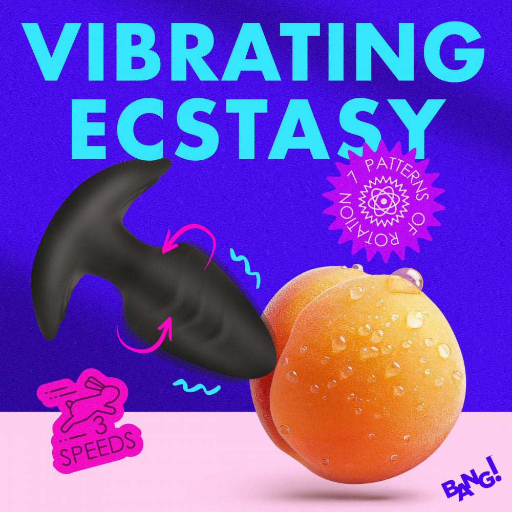 Black ribbed plug beside a peach on a purple graphic with rotation arrows and speed icons.