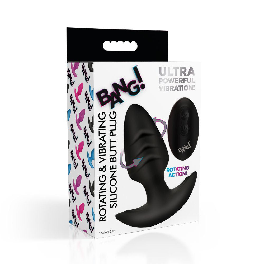Retail box for the black rotating vibrating silicone butt plug with remote.