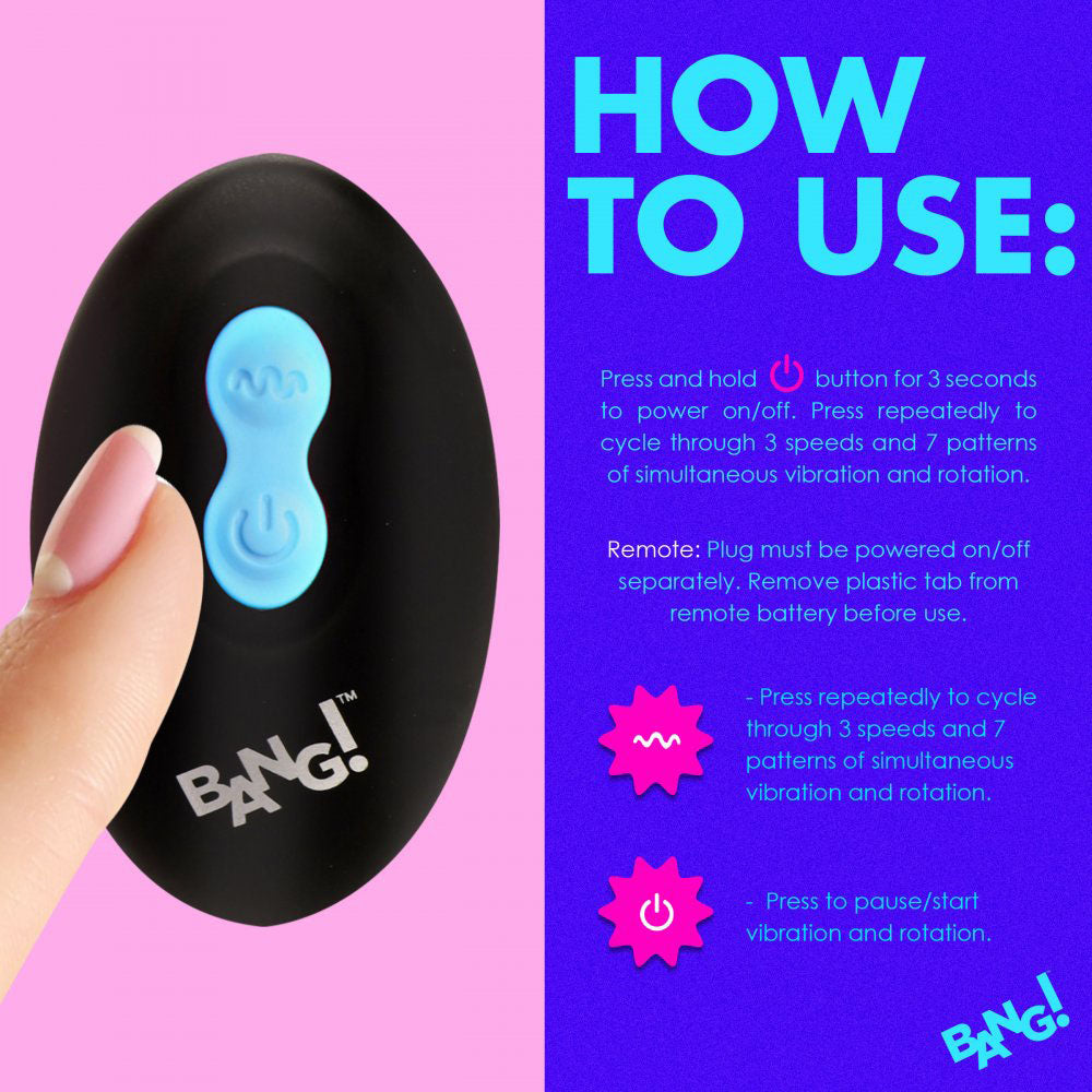 Oval remote with blue control buttons beside a how-to-use guide for vibration and rotation settings.