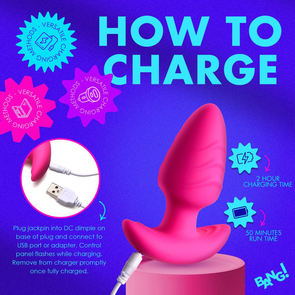 Charging guide showing the pink silicone plug connected to a USB cable.