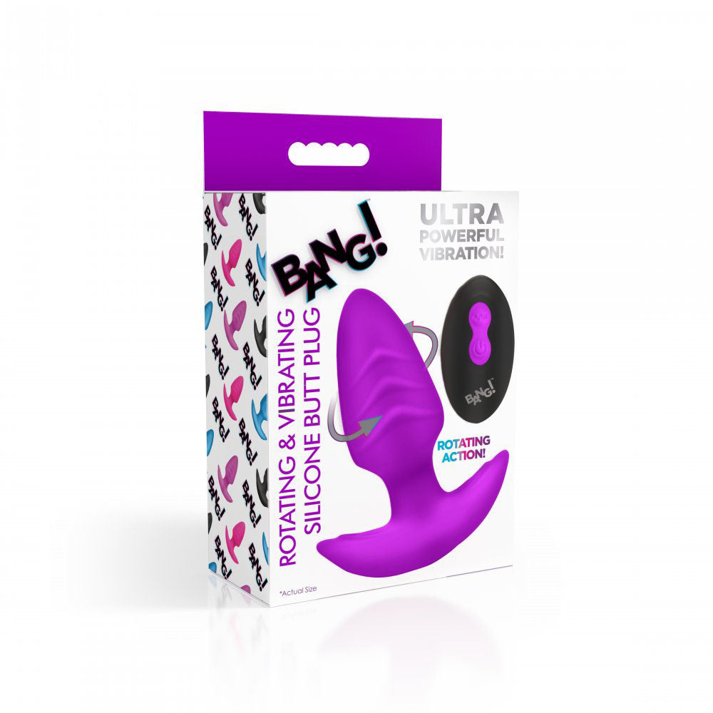 Purple retail box with matching ribbed plug artwork and oval remote.