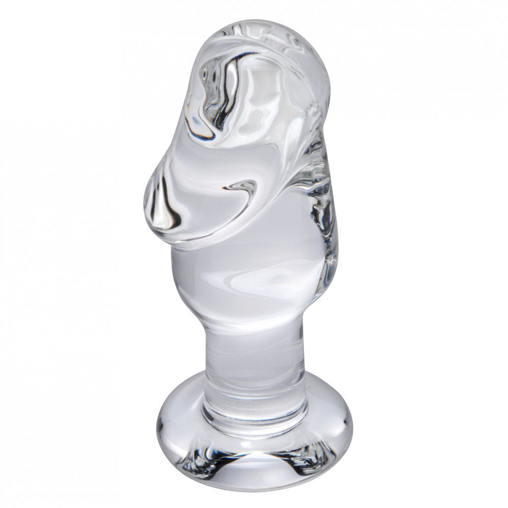 Angled clear glass plug showing the sculpted head curve, fuller body, and flared circular base.