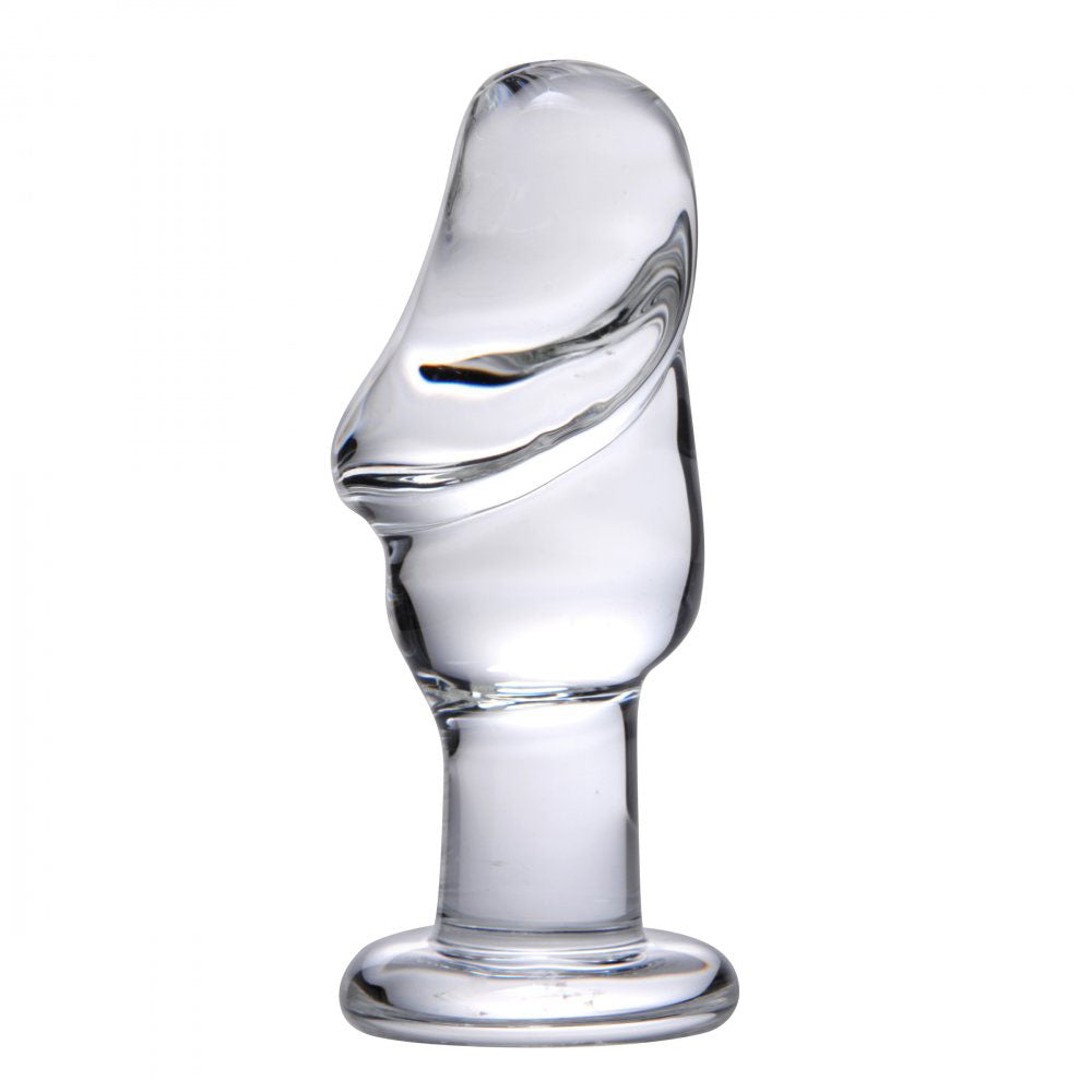 Upright clear glass butt plug with a rounded head, fuller shaft, defined neck, and flared base.