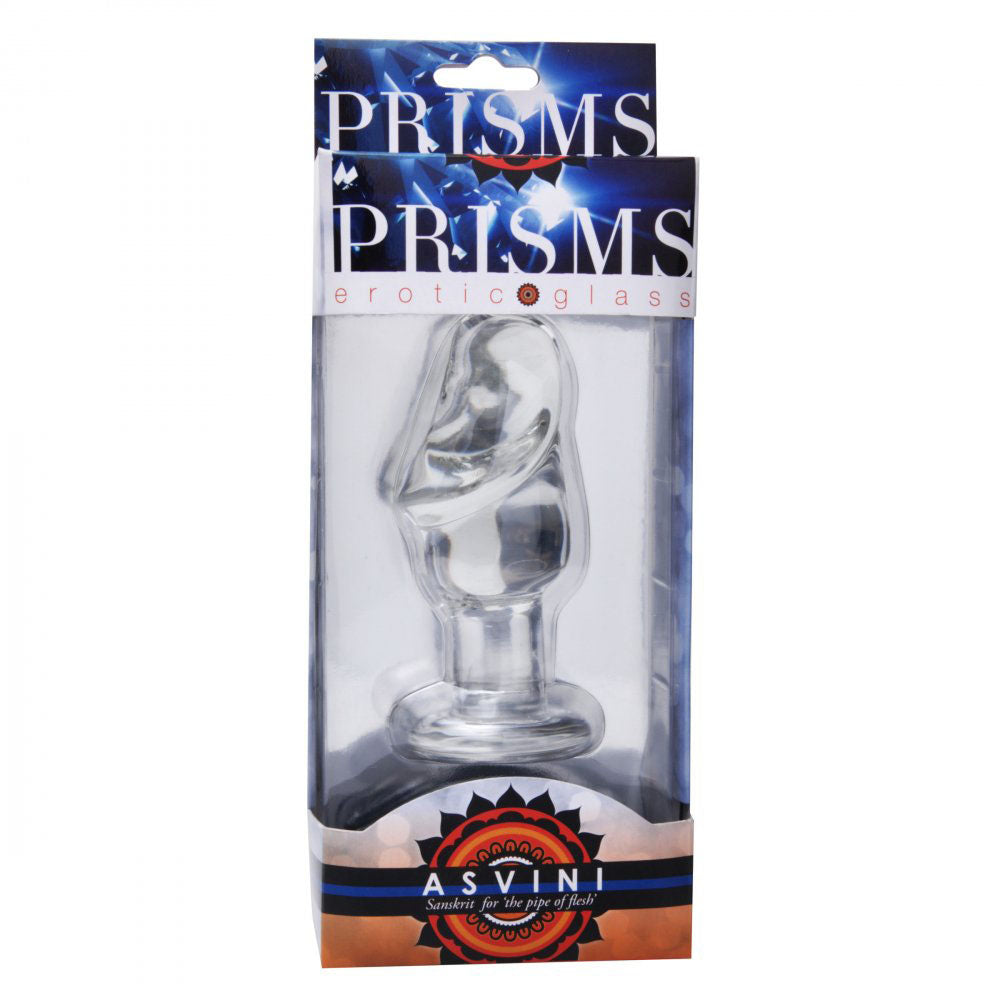 Retail packaging displaying the clear penis-shaped glass plug through the front window.