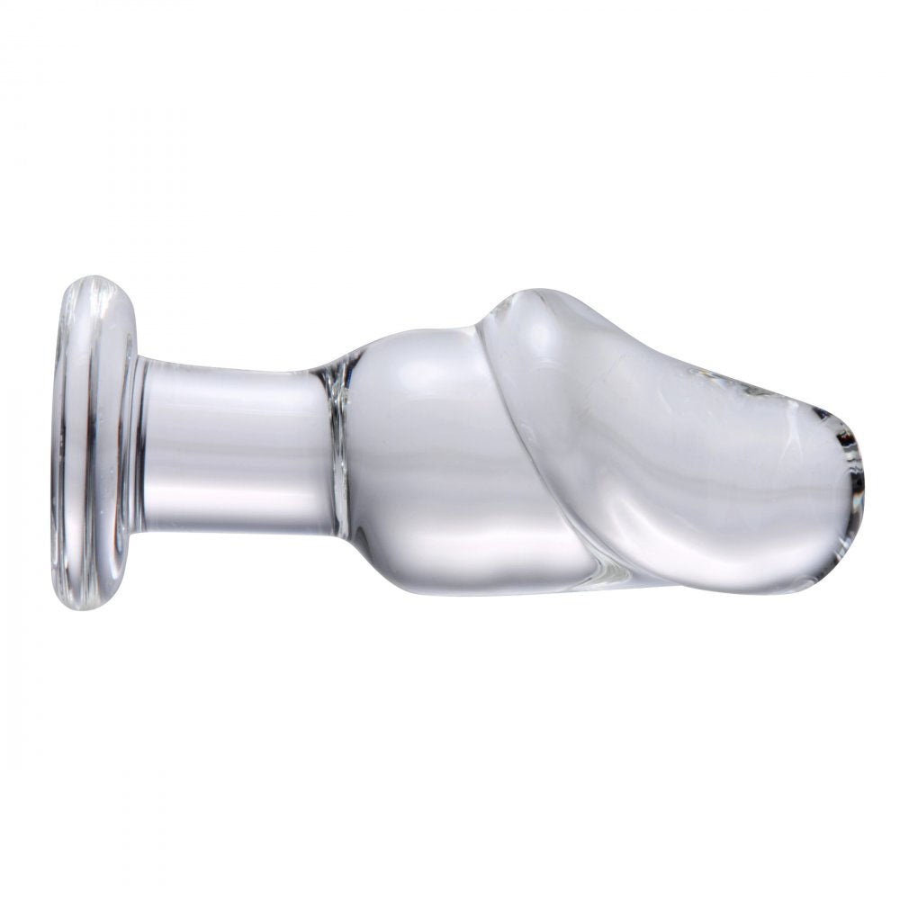 Intermediate Penis-Shaped Glass Butt Plug on its side with a sculpted head, defined neck, and flared circular base.