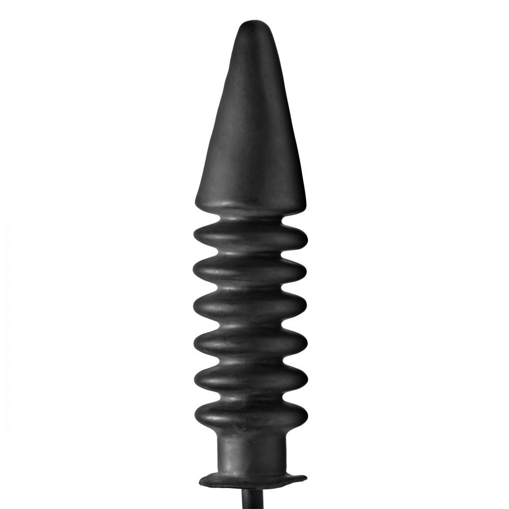 Close-up of the deflated shaft showing its long tapered tip and deep accordion-style ridges.