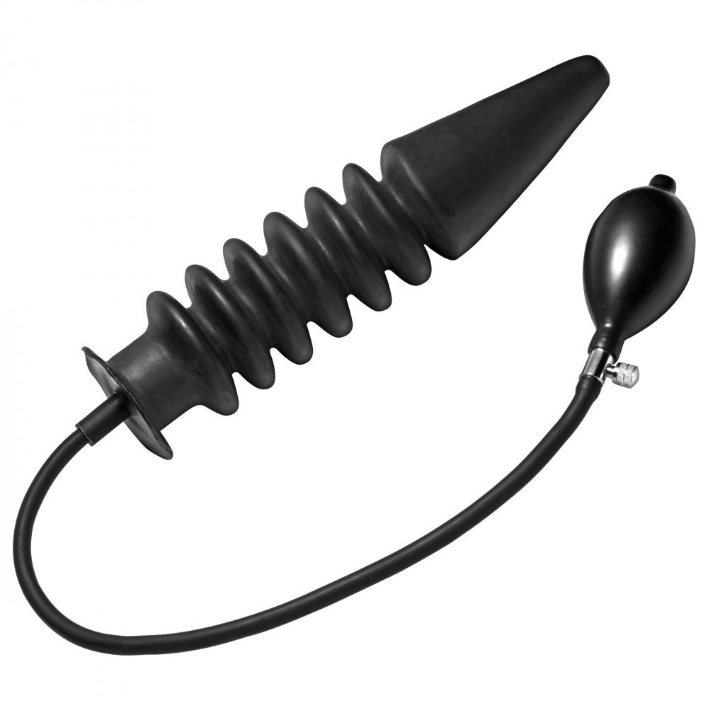Accordion-Ribbed Inflatable Butt Plug With Hand Pump shown deflated with its long tapered tip, stacked ridges, hose, and bulb.