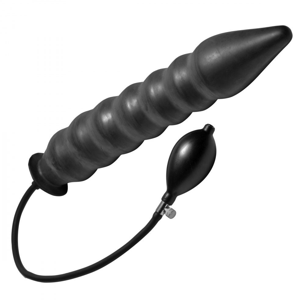 Inflated elongated plug with pronounced stacked ridges, attached hose, hand pump, and release valve.