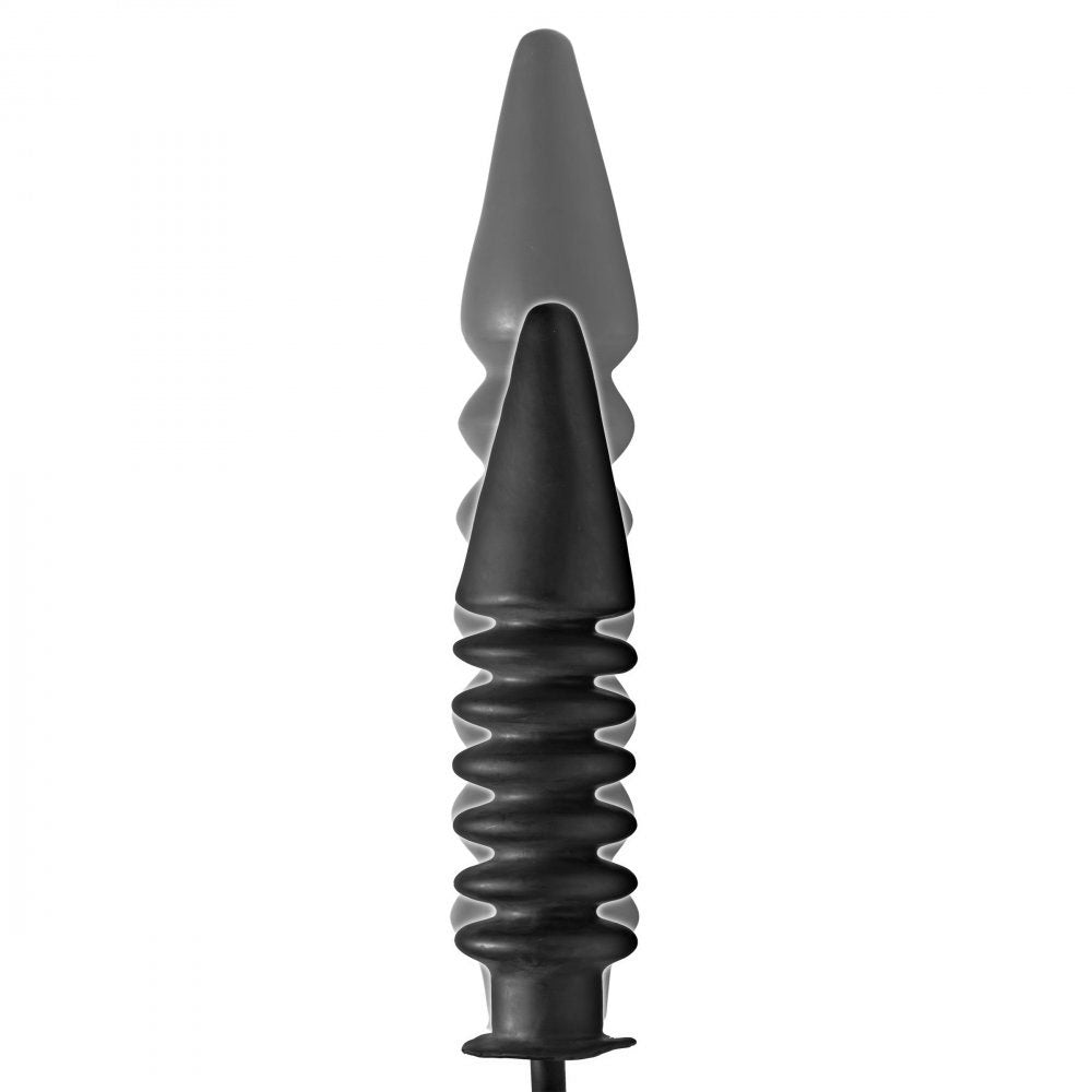 Deflated accordion plug centered inside a longer inflated outline to show how the ribbed shaft expands.