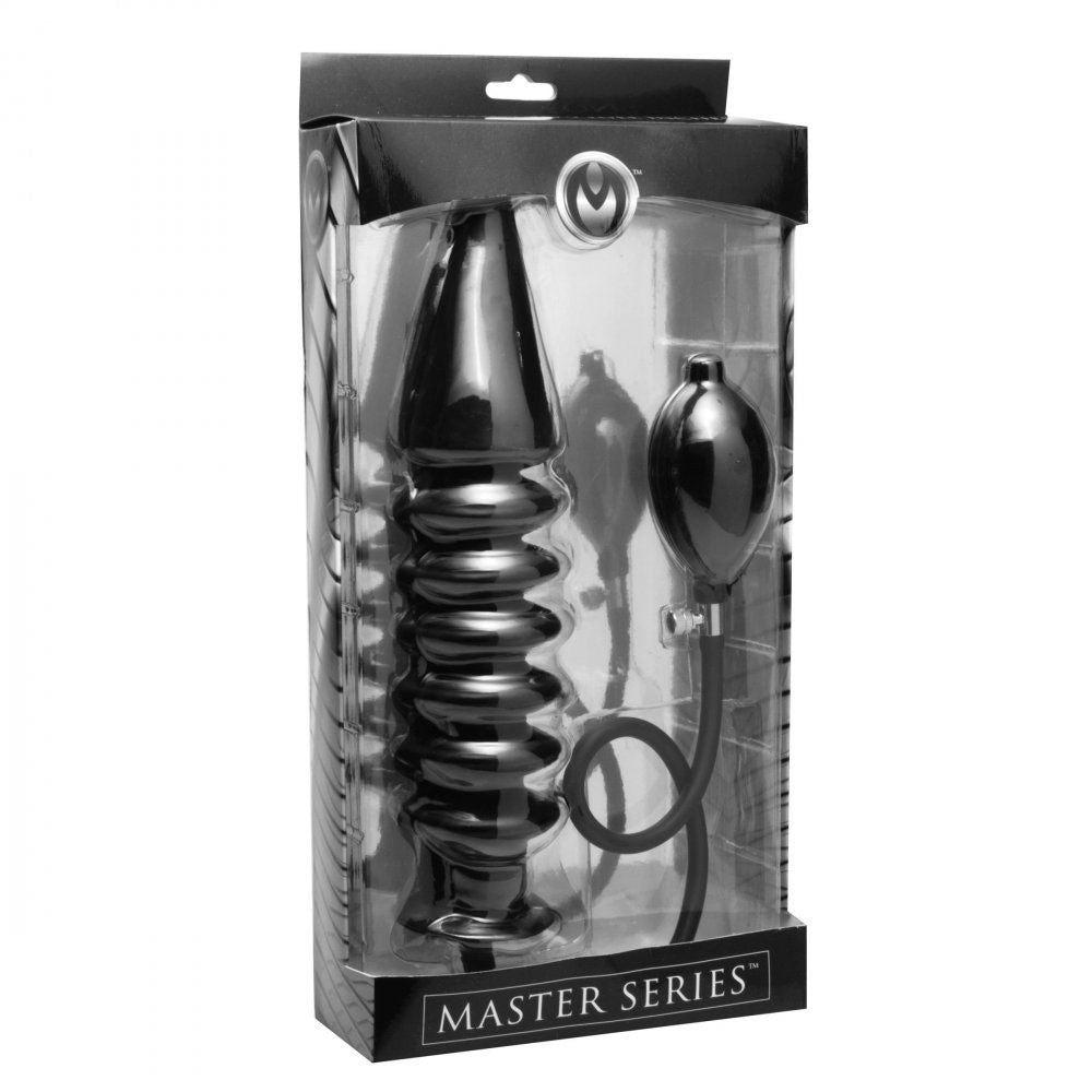 Clear retail package for the Long Accordion-Ribbed Inflatable Anal Plug With Hand Pump, with the ribbed plug, hose, and bulb visible.