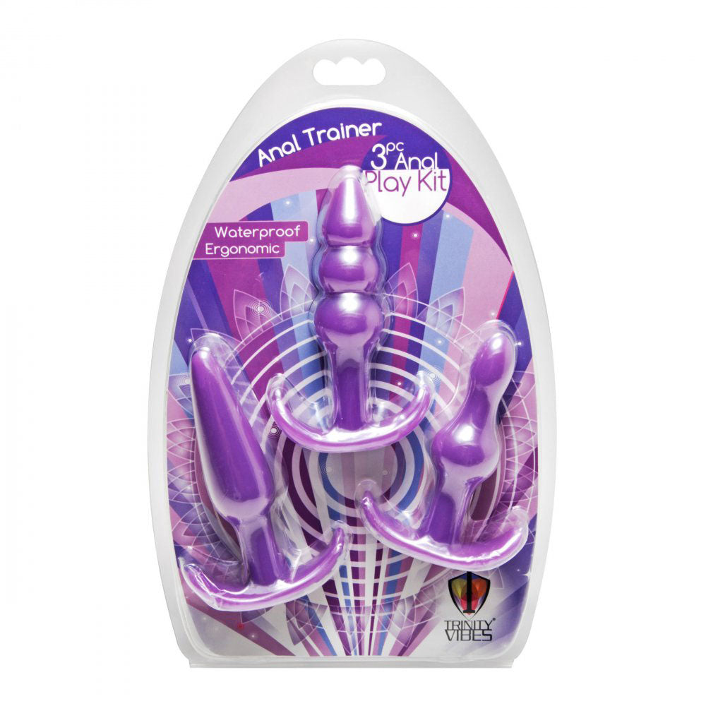 Retail packaging for the Beginner Multi-Shape Anal Training Set with three purple slim plugs in a clear blister pack.