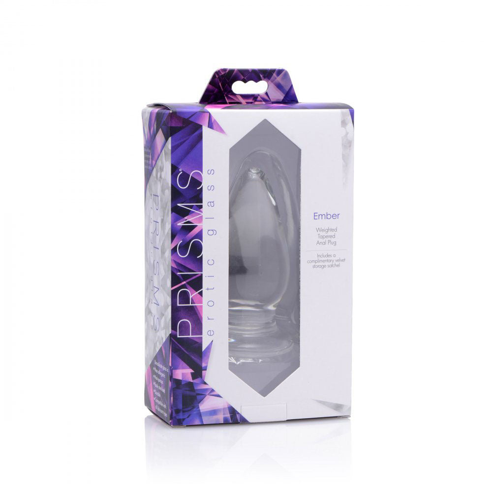 Retail box for the Advanced Weighted Glass Butt Plug with the clear tapered plug visible through the front window.