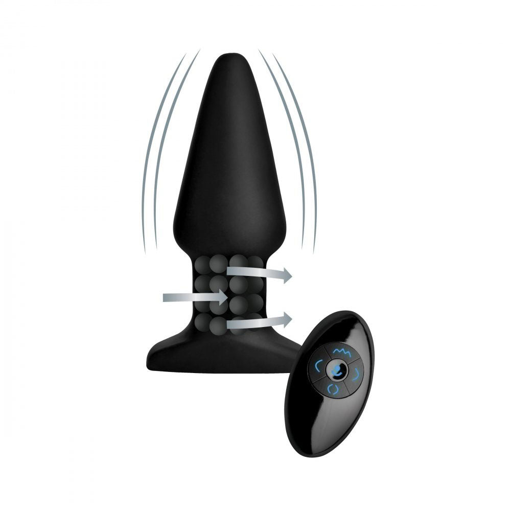 Black Smooth Vibrating Rimming Butt Plug With Remote shown front-on with an internal bead diagram and motion lines.