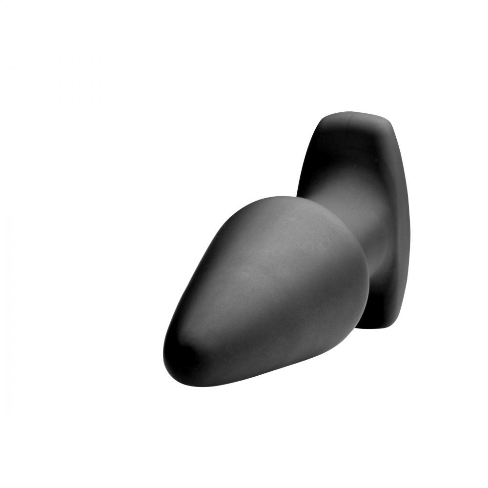 Angled black butt plug showing the broad tapered body, narrow neck, and flared base.