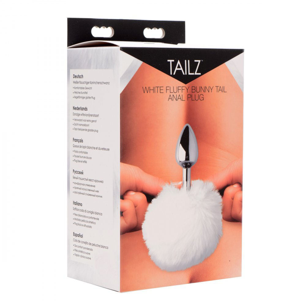Retail box for the Snow Bunny Tail Metal Butt Plug with white bunny tail artwork.