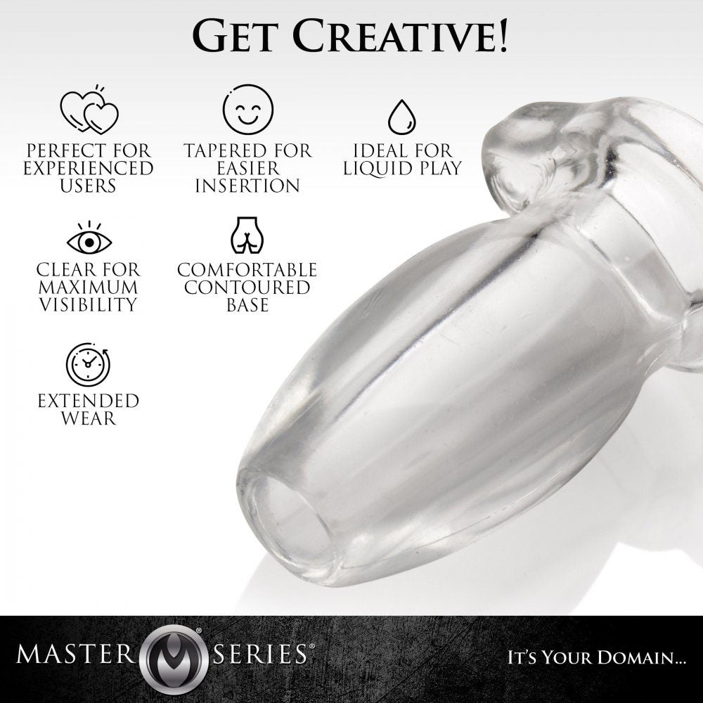 Angled clear hollow plug with icons for liquid play, tapered insertion, and extended wear.