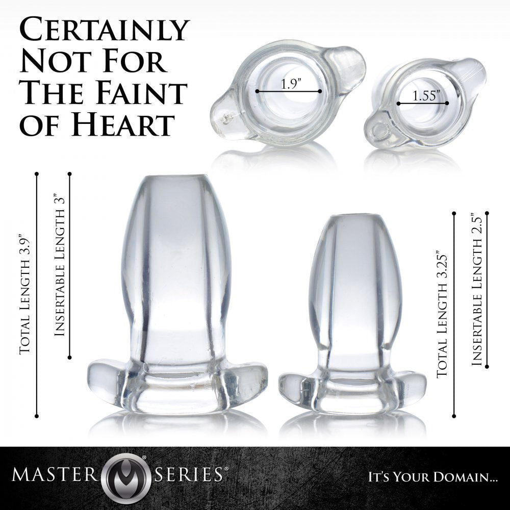 Size chart comparing the small and large clear hollow butt plugs.