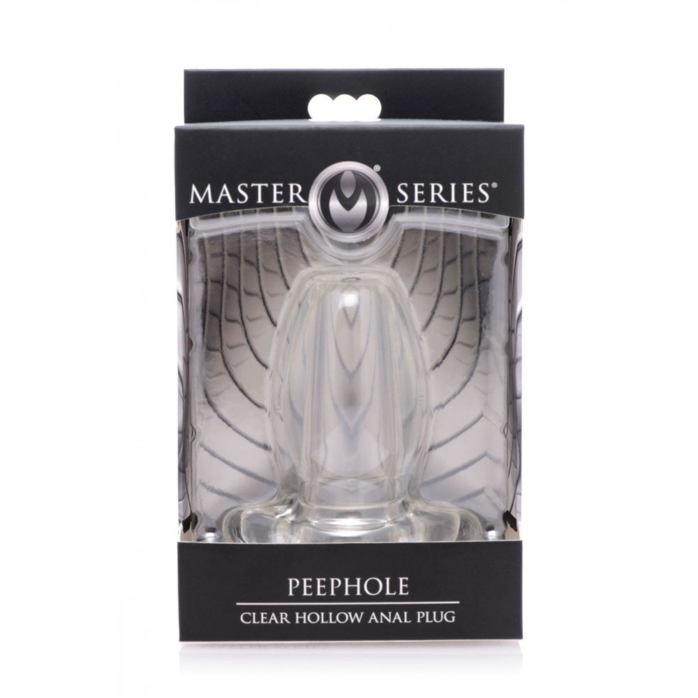 Small size retail box with a clear hollow anal plug visible through the front package window.