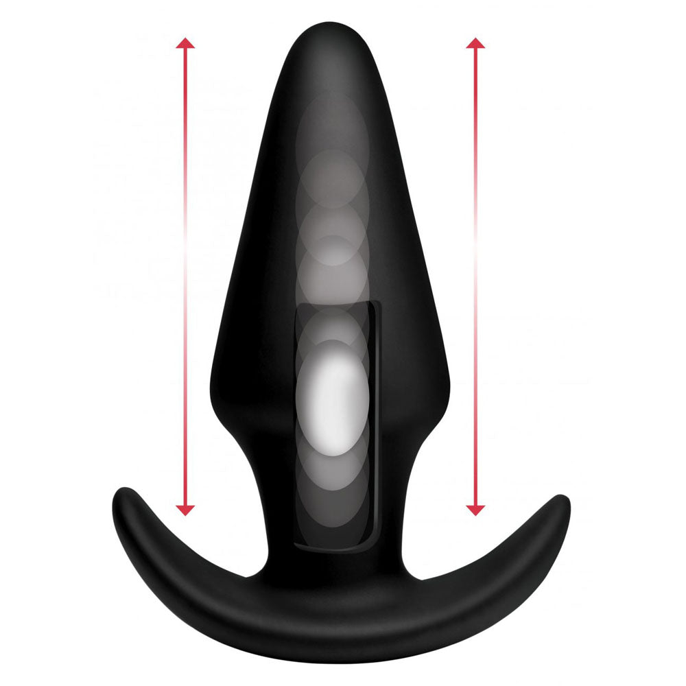 Black butt plug diagram with red vertical arrows and translucent internal thumping weight graphic.