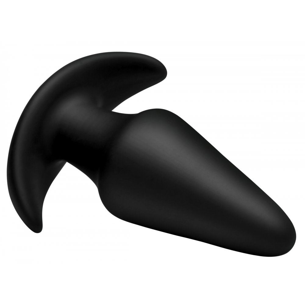 Angled black plug showing the tapered body and curved flared base.