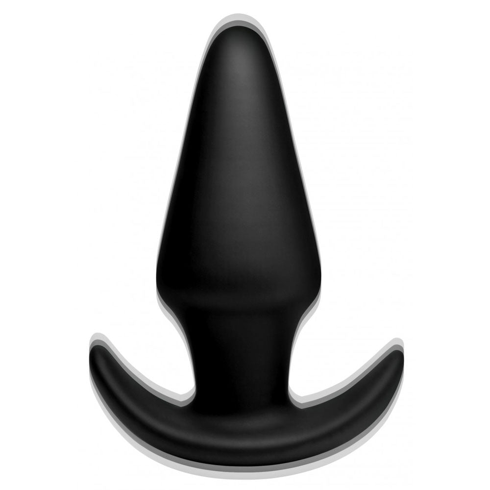 Upright black silicone butt plug with tapered spade body, narrow neck, and wide flared base.