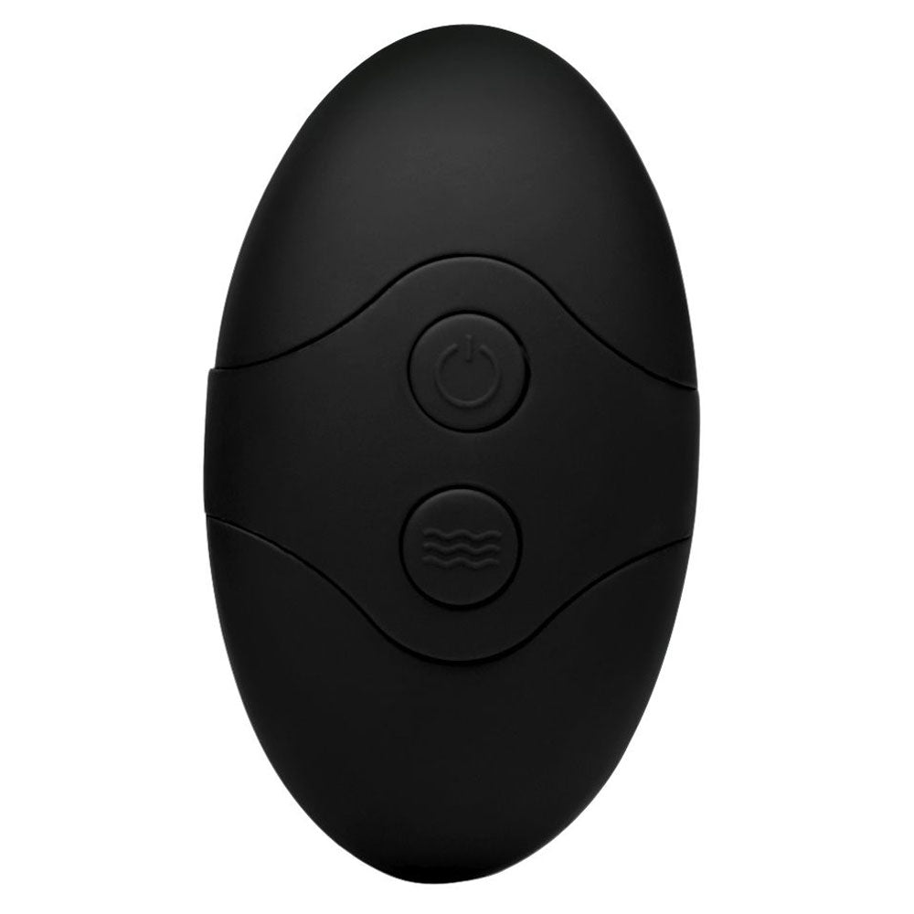 Black oval remote with two raised control buttons on a white background.
