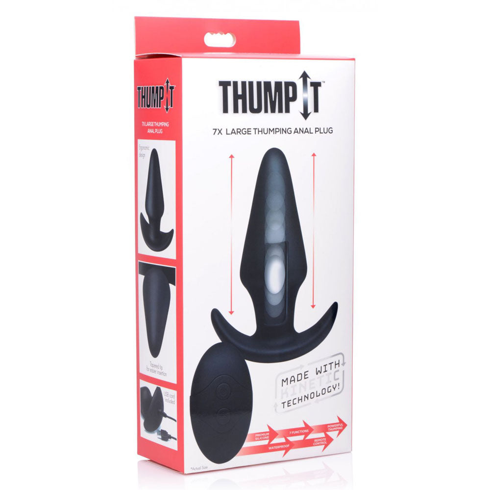 Retail box for the Large Kinetic Thumping Silicone Butt Plug With Remote showing black plug artwork, red motion arrows, and remote.