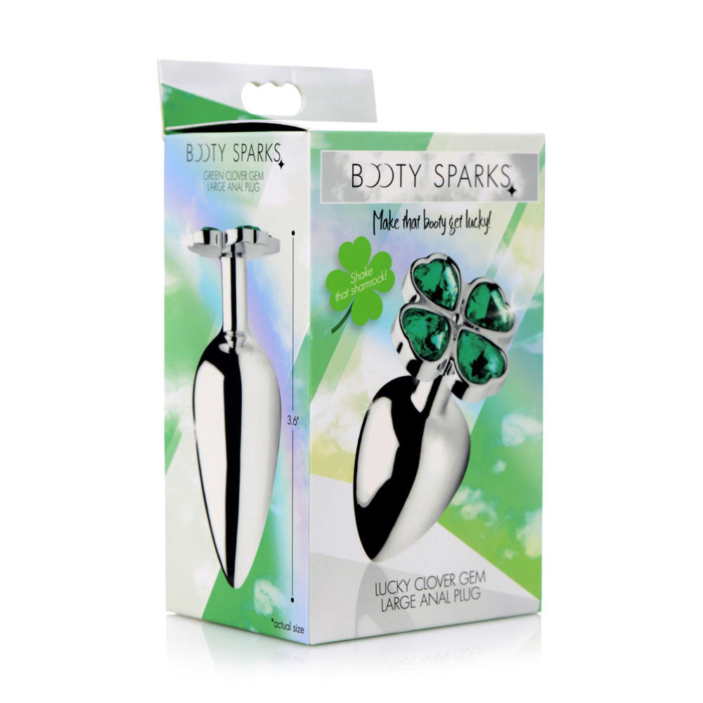 Large size retail box for the Lucky Green Clover Gem Metal Butt Plug with green clover artwork.