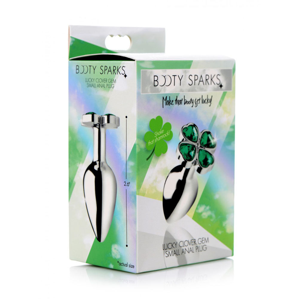 Small size retail box with green clover gem plug artwork on white and green packaging.
