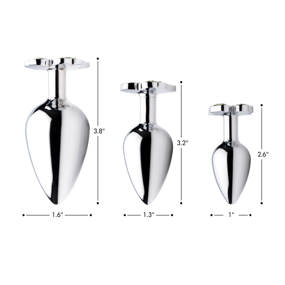 Size chart comparing the small, medium, and large silver-toned plugs with height and width markers.