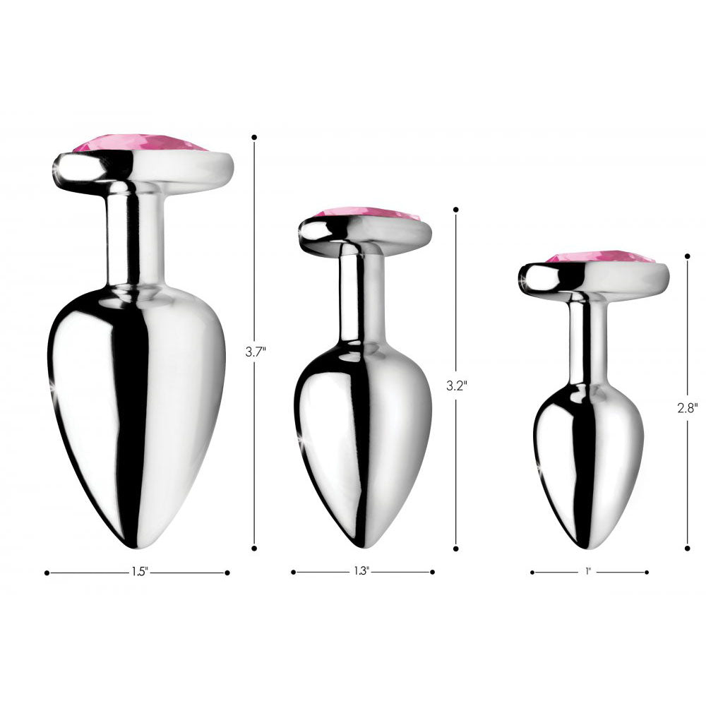 Size chart comparing three silver-tone teardrop plugs with visible height and width markers.