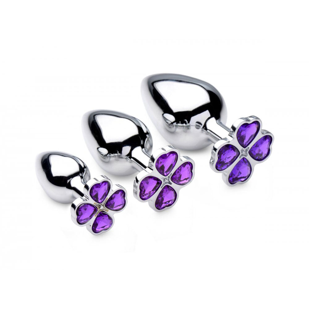 Purple Flower Gem Metal Anal Training Set with three polished plugs and four-petal violet bases.