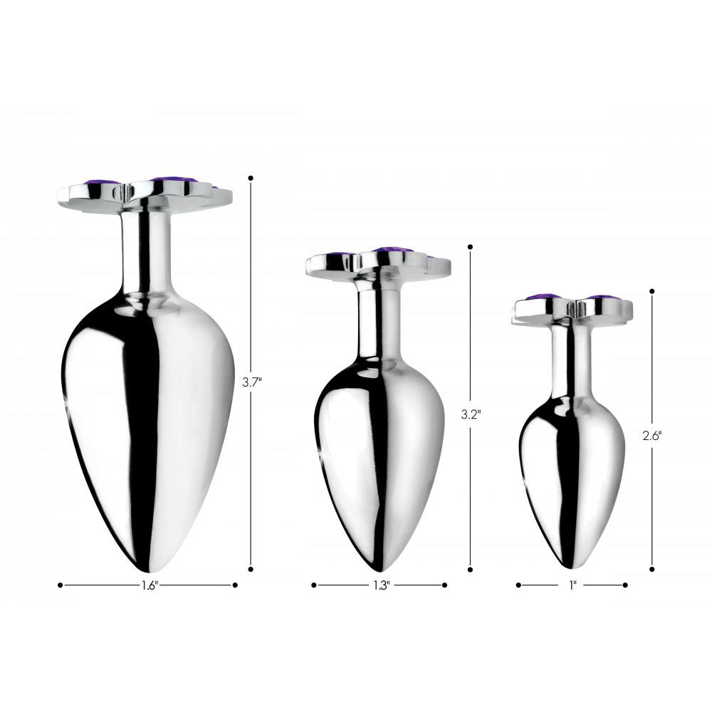 Size chart for the Purple Flower Gem Metal Butt Plug Training Set comparing all three plugs by length and width.