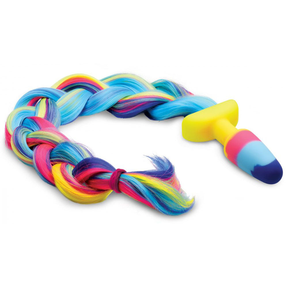 Braided rainbow synthetic tail attached to a yellow flared base and multicolor plug on white background