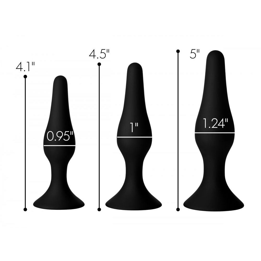 Size chart comparing 3 black tapered plugs with overall-length and diameter markers.