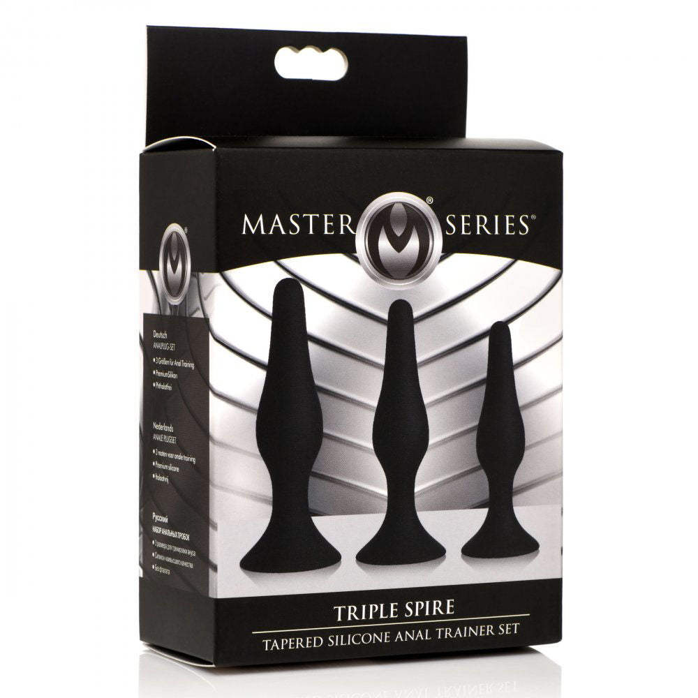 Retail box showing artwork of 3 black tapered plugs with circular suction bases.