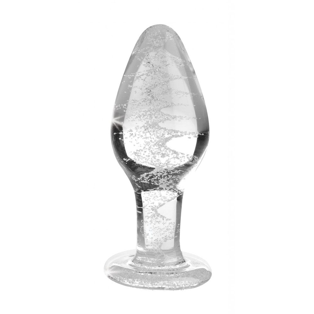 Light-Activated Swirl Glass Anal Plug standing upright in clear daylight with the pale internal pattern visible.