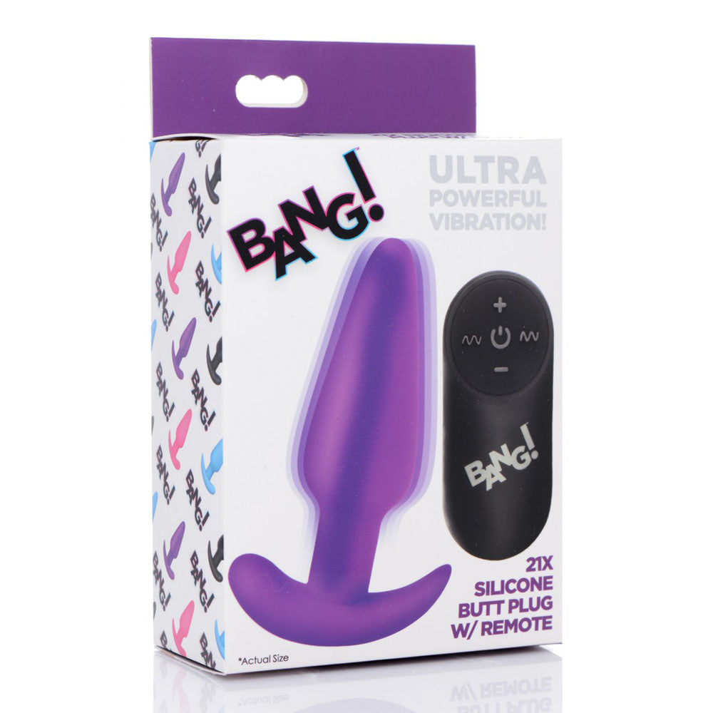 Retail box with purple butt plug artwork and a black remote.