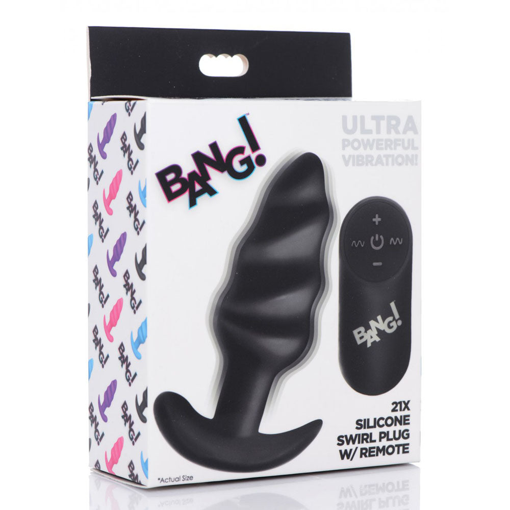 Retail box showing the black Twisted Swirl Butt Plug With Remote