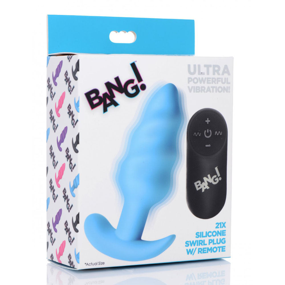 Retail packaging showing the blue swirl plug artwork and black remote.