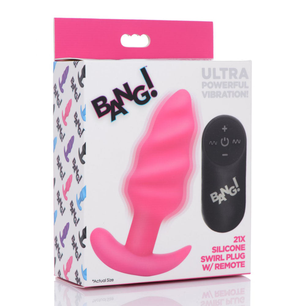 Retail packaging showing the pink textured butt plug artwork with remote.