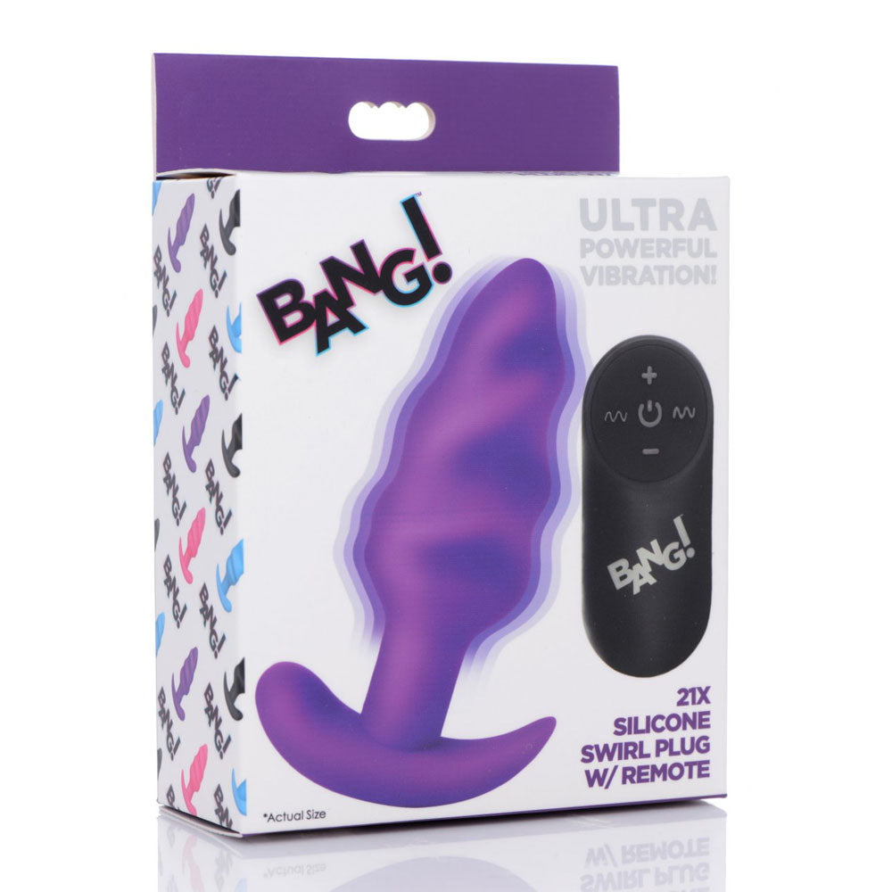 Retail box showing purple artwork for the Twisted Swirl Vibrating Silicone Butt Plug With Remote.