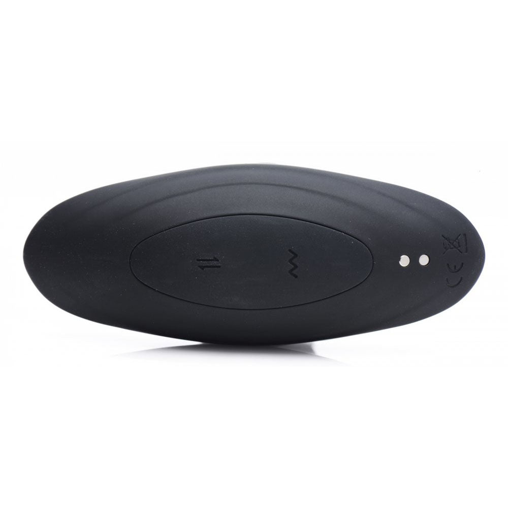 Oval black remote with 2 raised buttons for vibration and thrusting controls.