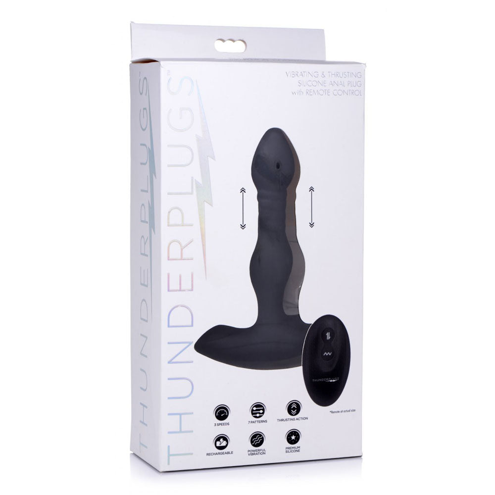 Retail box for the Textured Thrusting Vibrating Anal Plug With Remote, showing product artwork, the controller, and motion icons.