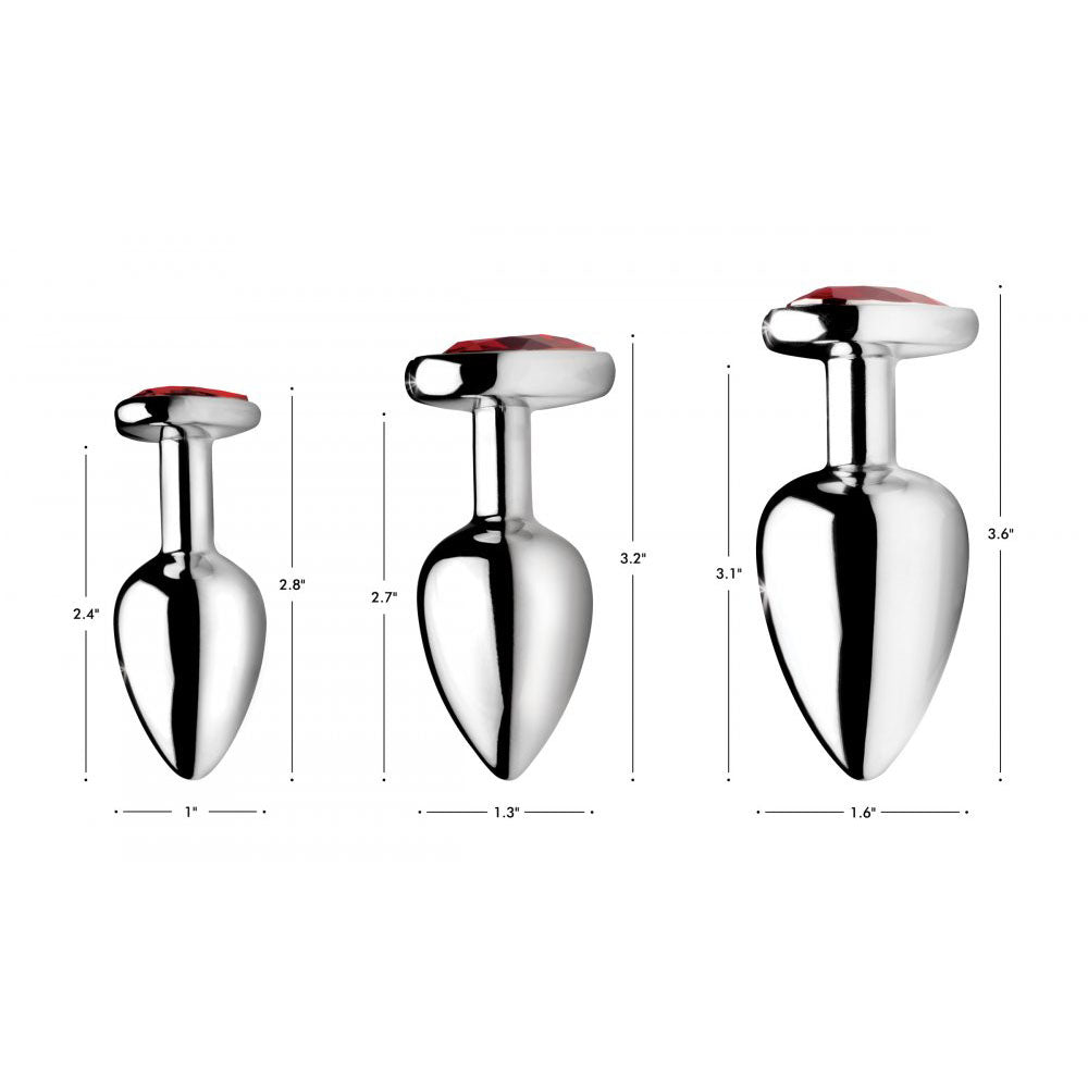 Size chart comparing the small, medium, and large red-heart plugs by total and insertable length and diameter.