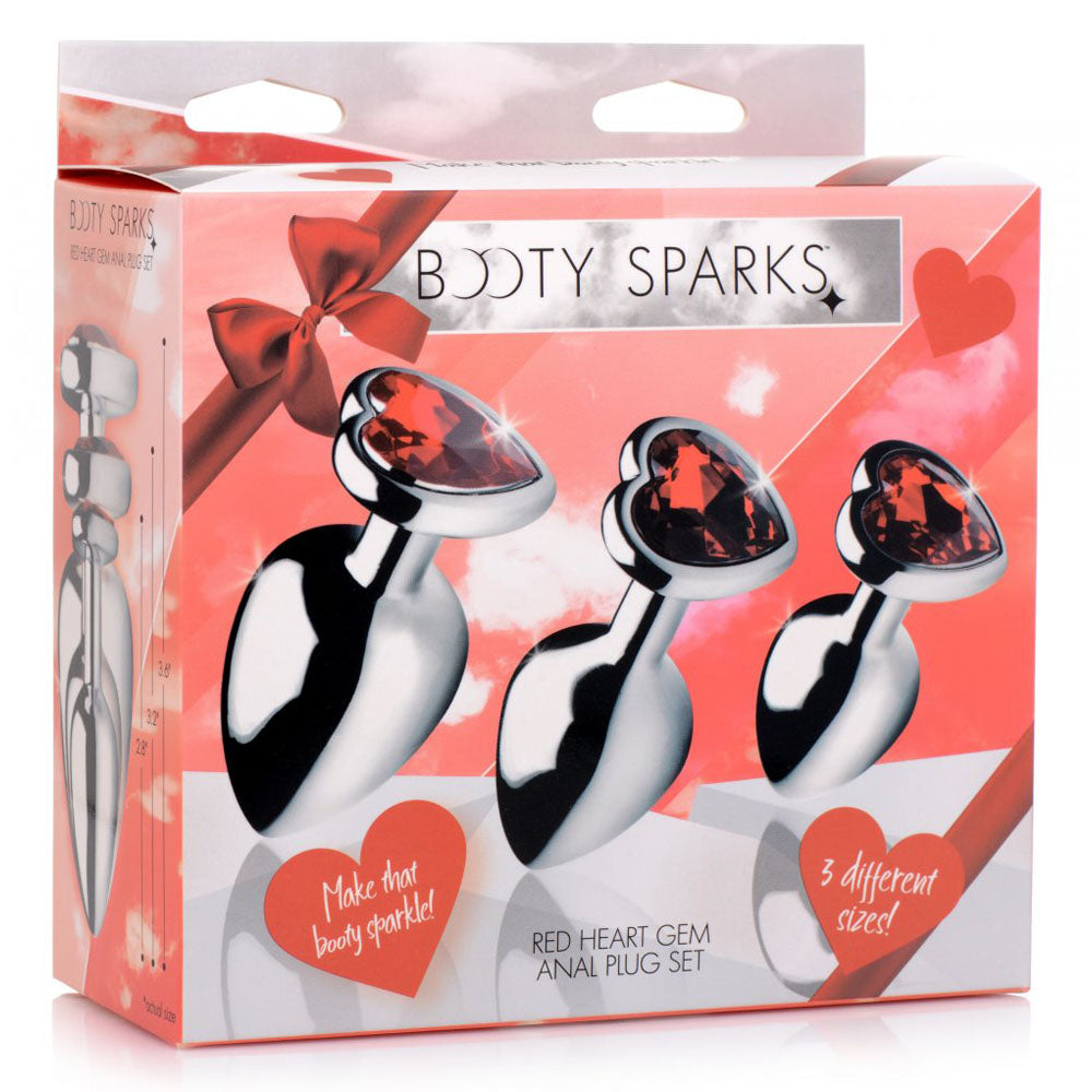 Retail box showing three graduated polished plugs with red heart-base artwork.