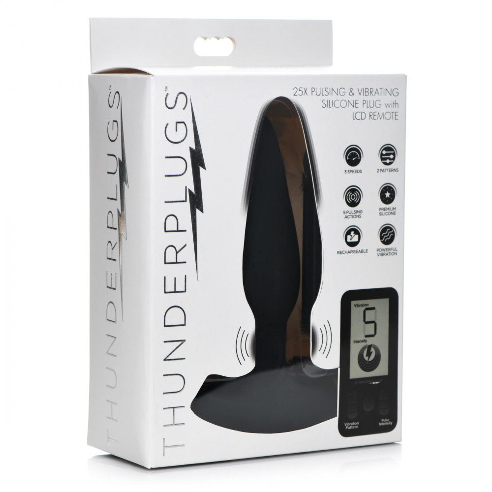 Retail box for the pulsing vibrating silicone butt plug with LCD remote, showing the plug window and controller graphic.